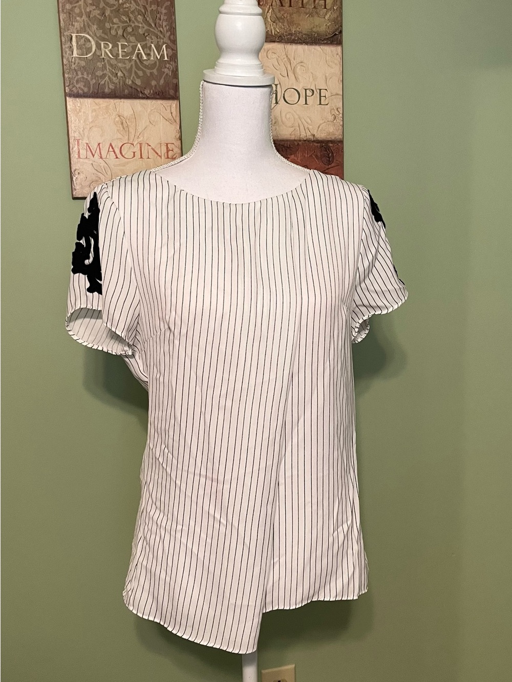 Worthington Blouse, White w/Black Pinstripes, Embellished Sleeves - Size M